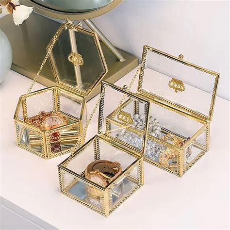 gold metal glass box|glass box with gold trim.